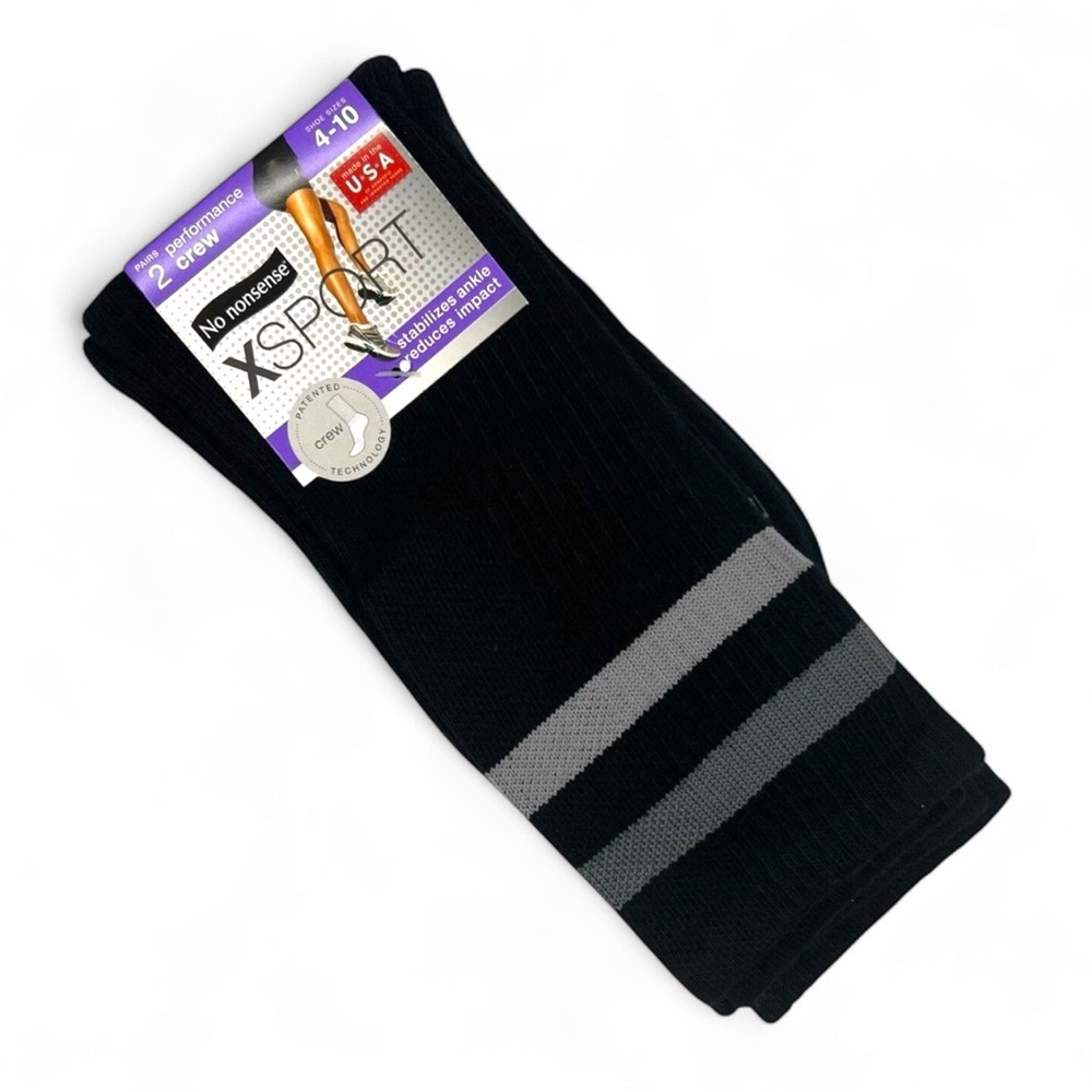 No‎ Nonsense XSport Performance Crew Socks Shoe Size 4-10 Black 2 Pair